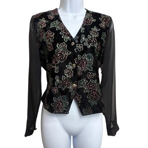 vintage 90’s TR Bentley‎ black velvet floral blouse sheer sleeves Tie Waist Sz M